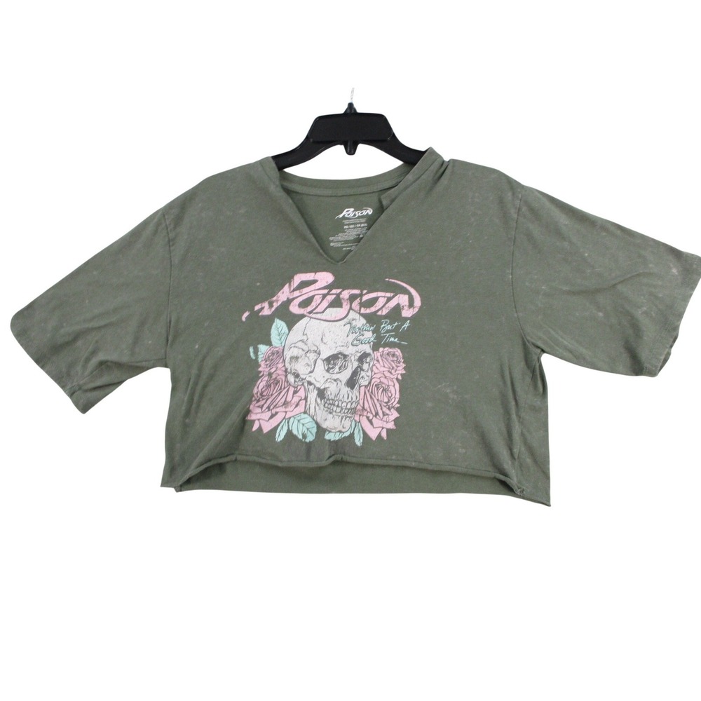 Poison Band T-Shirt Womens XS Olive Green Mineral Wash Skull Rose Cropped Tee